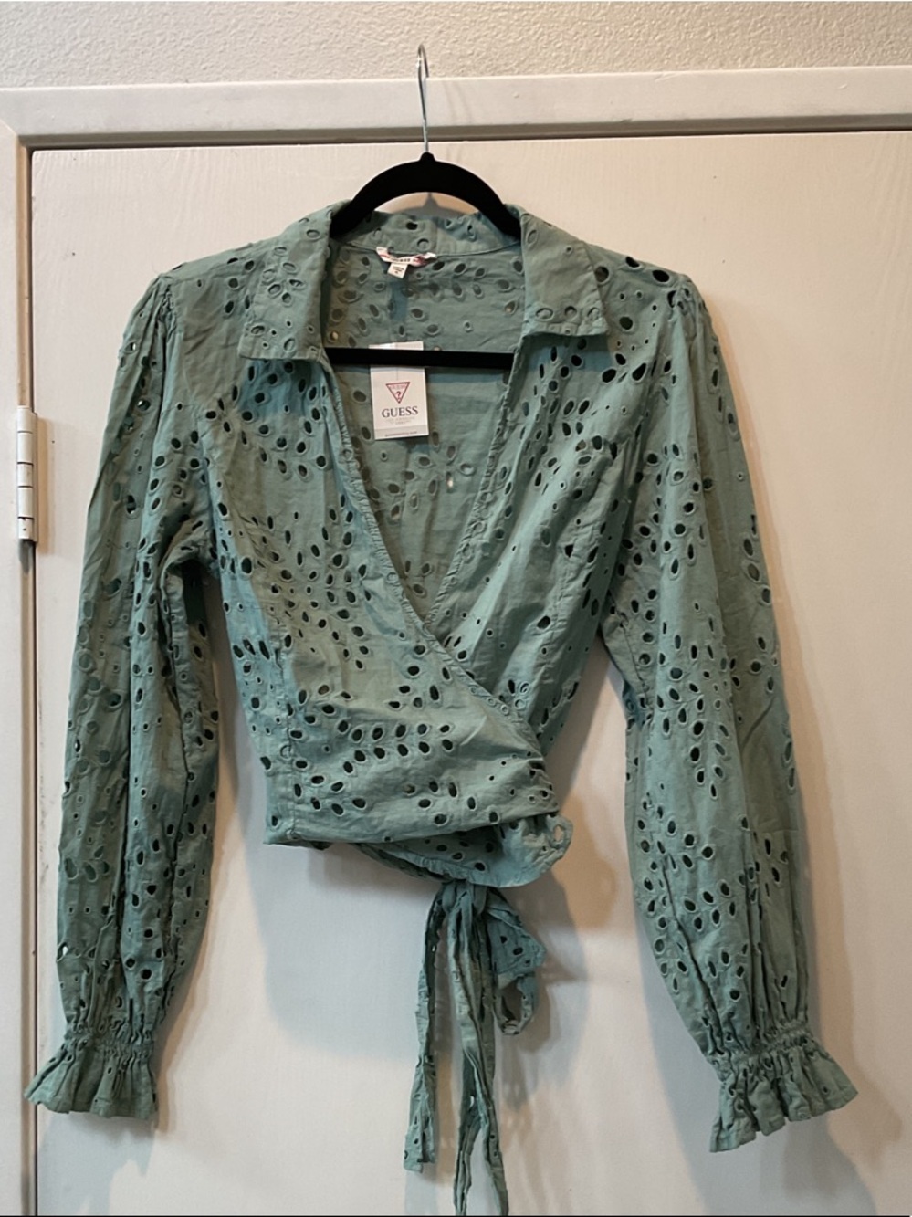 GUESS Sage Green Eyelet Wrap Top with Tie Waist
